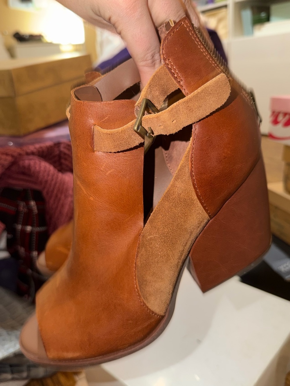 KORK Women's Open-Toe Leather Ankle Booties in Cognac - Size 10